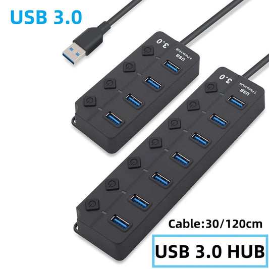 USB Hub 3.0 USB Splitter 4 7 Port Hub USB 3 0 Multiple Ports Expander With On/Off Switch LED Indicator 2.0 Hab 30cm 120cm Cable